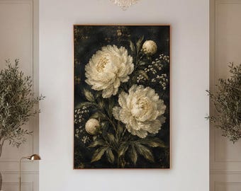 White Peony Canvas Print, Dark Moody Floral Wall Art, Vintage Dining Room Decor