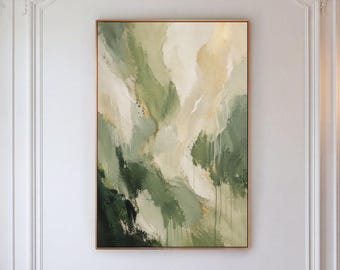 Sage Green Abstract Canvas Print, Gold Accent Wall Art, Serene Living Room Decor