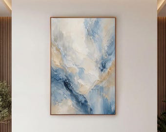 Blue Gold Abstract Canvas Print, Soft Marble Wall Art, Modern Bedroom Decor