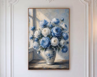 Blue White Peony Canvas Print, Floral Vase Wall Art, Farmhouse Living Room Decor