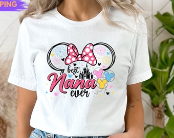 May include: White t-shirt with a pink Minnie Mouse ears design and the text "best Nana ever".