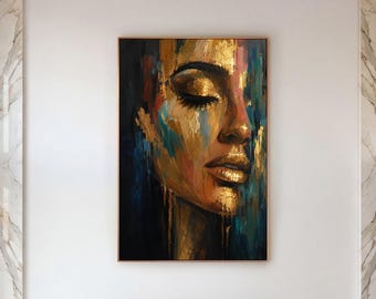 Gold Leaf Face Canvas Print, Abstract Woman Portrait Wall Art, Moody Bedroom Decor
