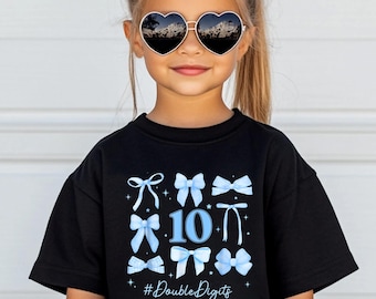 Double Digits Birthday Girl T-Shirt, 10th Birthday Shirt, Preppy Coquette Bow Blue Tee, Trendy Gift for Birth