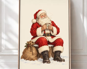 Hot Cocoa Santa Wall Art, Christmas Kitchen Canvas, Vintage Santa Print, Coffee Bar Decor