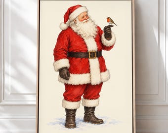 Santa Robin Wall Art, Christmas Bird Canvas, Santa Claus Print, Rustic Holiday Decor