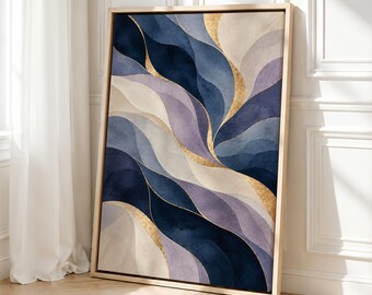 May include: A rectangular framed wall art piece featuring an abstract pattern of flowing, wave-like shapes in shades of deep navy blue, soft lavender, and cream, accented with thin, shimmering gold lines throughout the composition.