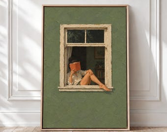 May include: A framed wall art print featuring a textured olive green wall with a rectangular window. A person sits in the window frame, wearing a white shirt and reading an orange book. The scene is captured in a realistic, painterly style.