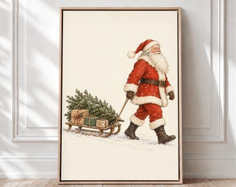 May include: A framed wall art print depicting Santa Claus in a red suit with white fur trim, a black belt, and dark boots. Santa is pulling a wooden sled loaded with a green pine tree and three wrapped gift boxes across the snow.