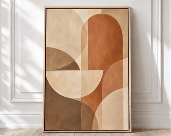 May include: A rectangular framed wall art piece featuring an abstract composition of overlapping geometric shapes in shades of beige, tan, terracotta, and dark brown. The design includes semi-circles and arched forms with a matte finish.