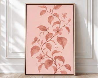 May include: A rectangular wall art piece featuring a light pink background with a central illustration of a climbing vine. The vine has dark pink leaves, small flowers, and delicate tendrils, all enclosed within a simple light wood frame.