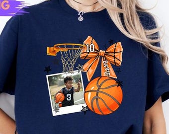 Coquette Bow Basketball Custom Name And Photo Tee, Coquette Bow Tee, Basketball Mom Tee, Personalized Sports for Dad & Mom, Soft Ball Dad