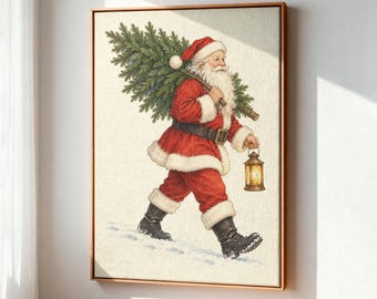 May include: A framed wall art print depicting Santa Claus walking through snow. He wears a red suit with white fur trim, black boots, and a belt. He carries a large green pine tree over his shoulder and holds a glowing gold lantern in his hand.