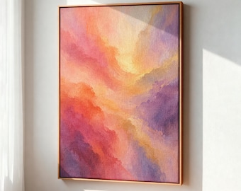May include: A rectangular canvas wall art piece featuring an abstract blend of vibrant colors including shades of pink, orange, yellow, and purple. The painting has a textured appearance with soft, cloud-like gradients framed in a thin wood border.