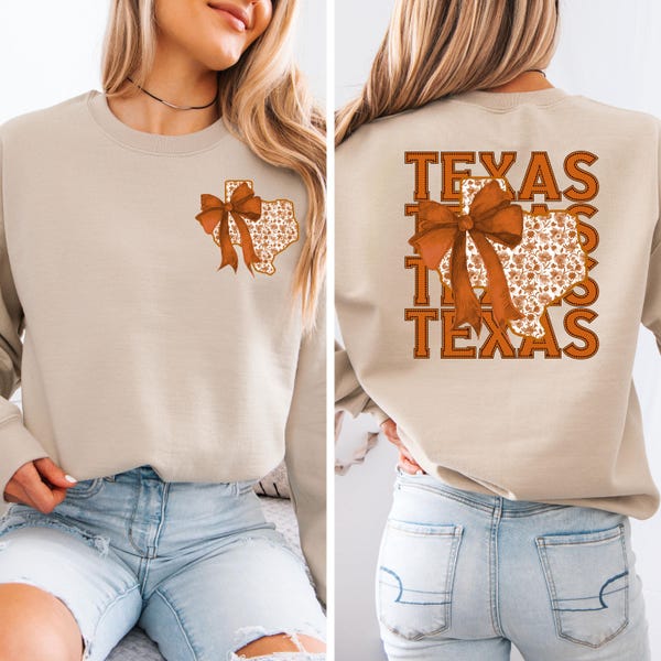 Burnt Orange Texas Sweatshirt, Texas Coquette Bow Sweatshirt, Texas Lover Shirt, State of Texas Gift Shirt, Western Shirt, Toile Texas Shirt