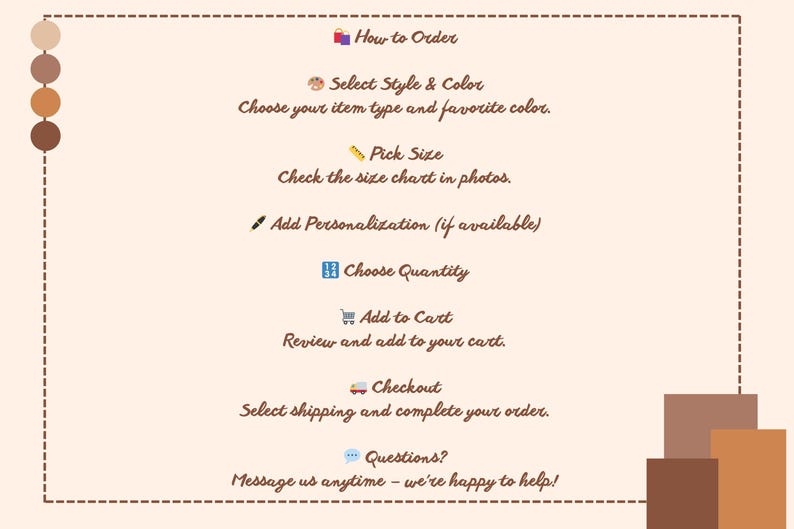Puede incluir: Gr&aacute;fico beige con instrucciones de pedido. El texto detalla los pasos como seleccionar estilo y color, elegir talla, agregar personalizaci&oacute;n, elegir cantidad, agregar al carrito y finalizar la compra. Incluye iconos y bloques de color.