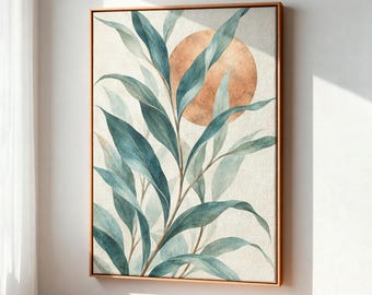 May include: A framed wall art print featuring a watercolor illustration of elongated teal and green leaves extending upward against a textured off-white background, with a large, solid copper-colored circle positioned behind the foliage.
