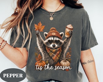 Comfort Colors® Tis The Season Raccoon Shirt | Fall Coffee Graphic Tee | Cute Autumn Pumpkin Shirt | Cozy Fall Leaves T-Shirt