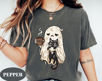 Comfort Colors® Meh Ghost Cat Shirt | Funny Black Cat Halloween Tee | Spooky Coffee Ghost T-Shirt | Cute Fall Graphic Shirt | Cat Lover Gift