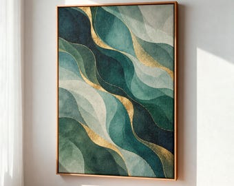 May include: A rectangular wall art piece featuring an abstract pattern of flowing, wave-like shapes in shades of dark green, teal, and light sage. The composition is accented with thin, metallic gold lines that follow the curves.