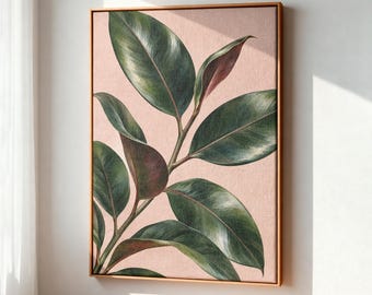 May include: A rectangular wall art piece featuring a botanical illustration of dark green rubber plant leaves set against a textured light pink background, all enclosed within a thin, light-colored wooden frame.