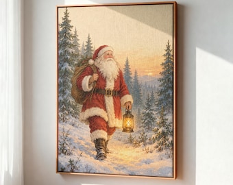 May include: A framed canvas print depicting Santa Claus walking through a snowy forest at sunset. He wears a red suit with white fur trim, carries a large brown sack over his shoulder, and holds a glowing lantern in his right hand.