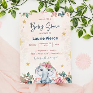 Elephant Baby Shower Invitation: Watercolor Design (Instant Download, 5x7 Template)