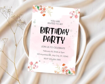 Invitación de cumpleaños floral editable, invitación para fiesta en un jardín de flores silvestres, descarga digital instantánea e imprimible.