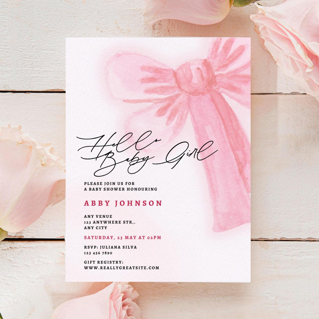 Pink Bow Baby Shower Invitation Template, Editable Hello Baby Girl ...