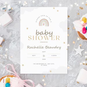 Rainbow Baby Shower Invitation: Gender Neutral, Editable Canva Template (Digital Download