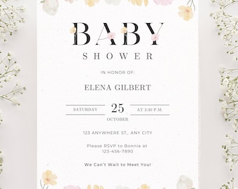 Wildflower Baby Shower Invitation, Boho Digital Template, Gender Neutral Invite, Editable Printable Download