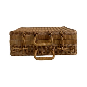 Vintage Mid Century French Rattan Picnic Basket Suitcase with Hinged Lid