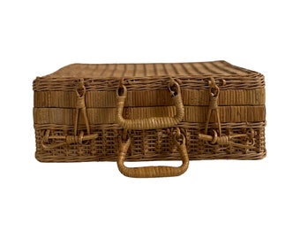 Vintage Mid Century French Rattan Picnic Basket Suitcase with Hinged Lid