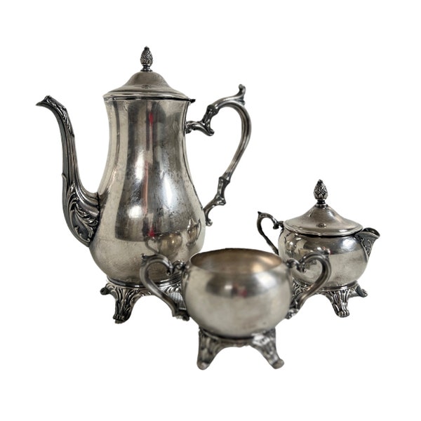 Vintage William Rogers 800 Silver Plated Antique Tea or Coffee Set, 3 Piece Footed Tea Pot Creamer and Sugar