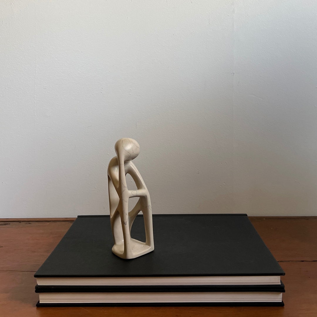 Vintage Hand Carved Soapstone thinker Statue Minimalist Modern Abstract