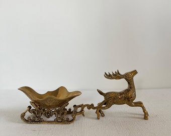 Vintage Brass Reindeer and Sleigh Christmas Santa