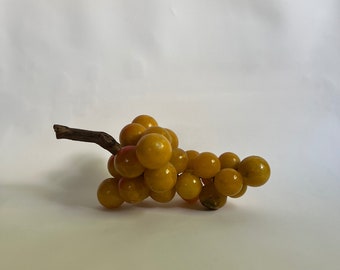 Vintage Large Italian Alabaster Grapes Cluster with Grape Wood Stem, Hand Painted