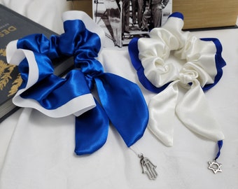 Scrunchies for Israel - Blue & White Ponytail Ruffle Scrunchies with Charm [2 Pieces Set]