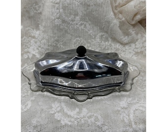 Vintage Glass Butter Dish with Chrome Lid Scalloped Clear Glass Base Finial
