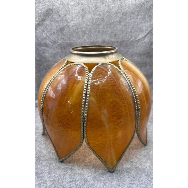 Abat-jour vintage en verre de laitier, fleur de lotus, 8 panneaux, métal perlé, ambre caramel