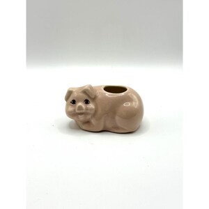 Może przedstawiać: Ceramiczna figurka świni w jasnoróżowym kolorze. Świnia leży z małym otworem na grzbiecie. Ma małe czarne oczy i szczegółowy pysk. Ten element dekoracyjny nadaje się do wystroju wnętrz.