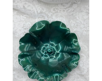 Vintage grüne Blume Blütenblatt Schüssel glänzend Smaragd dekorative Catchall Dish 6,5 "