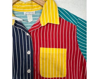 Camisa vintage Lugano de mujer, colorblock, rayas finas y botones, talla L, roja, azul y amarilla.