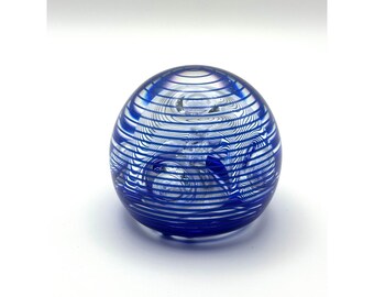Art Glass Paperweight Blue White Swirl Controlled Bubble Spiral Orb HAND BLOWN