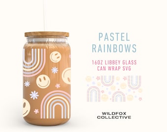 Pastel Rainbow Smiley Face Libbey Glass Can Wrap SVG PNG (16oz)