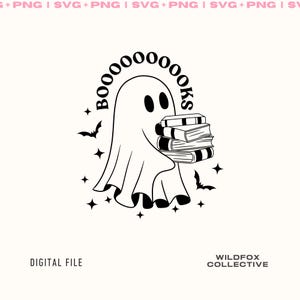 Peut inclure: Illustration en noir et blanc d'un fantôme tenant des livres, avec le texte "boooooks". Le design comprend des chauves-souris et des étoiles. Les mots "DIGITAL FILE" et "WILDFOX COLLECTIVE" sont également présents.