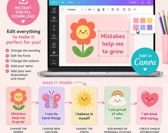 May include: An editable digital affirmation cards template displayed on a laptop screen, featuring a flower graphic and the text 'Mistakes help me to grow'. The design includes five colorful cards with positive phrases and a step-by-step guide for customization.