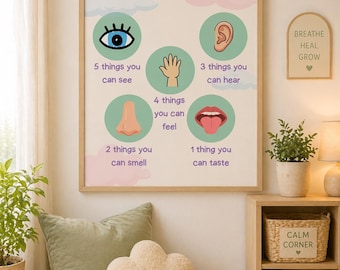 May include: A framed poster with the text "Grounding Techniques" and illustrations of the five senses. A small sign reads "Breathe Heal Grow." A cloud-shaped pillow and a small sign that reads "It's okay to take a break" are also visible.