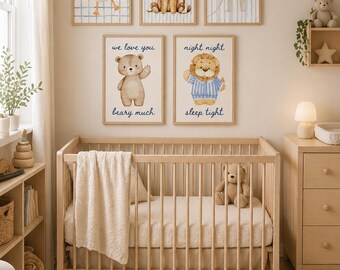 May include: A nursery scene with a light wood crib, a dresser, and framed animal art. The art includes a goose, lion, and mouse. The text on the art reads "wild child", "we love you beary much", and "night night sleep tight". A woven basket holds a stuffed bunny.