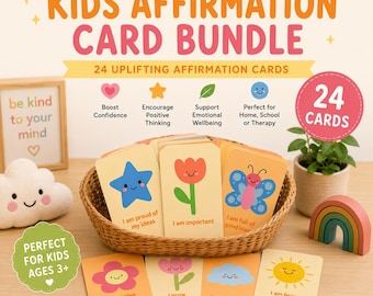 May include: A bundle of 24 kids affirmation cards in a woven basket. The cards feature colorful illustrations of a blue star, red flower, and blue butterfly with text including 'I am proud of my ideas', 'I am important', and 'I am full of good ideas'.