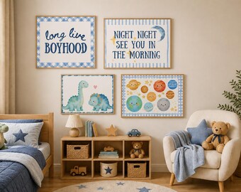 May include: Four framed wall art pieces with a blue and white gingham border. The art includes the phrases "long live boyhood" and "Night night see you in the morning", plus dinosaur and planet illustrations. A child's bedroom is in the background.